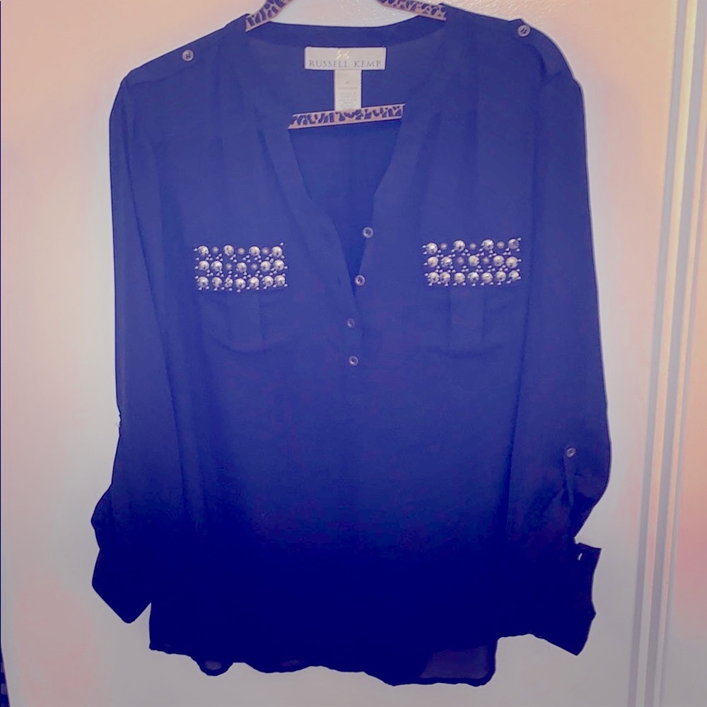 Silky half button down w/pocket embellishments